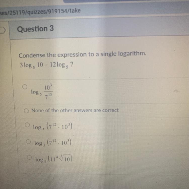 Condense the expression to a single logarithm. 3 log subscript 5 10 - 12 log subscript-example-1