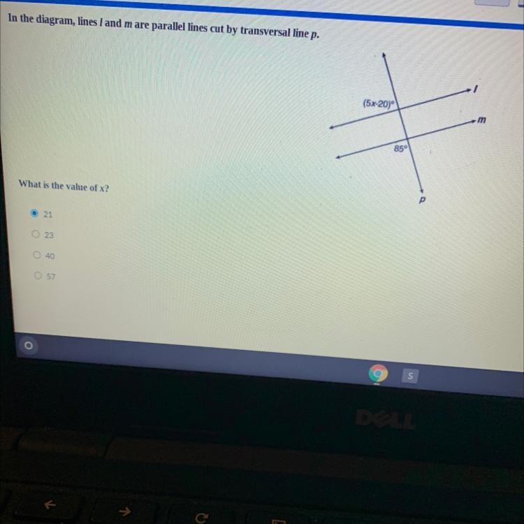 In the diagram, lines l and m are parallel lines cut by transversal line p. (5x-20) 85 what-example-1