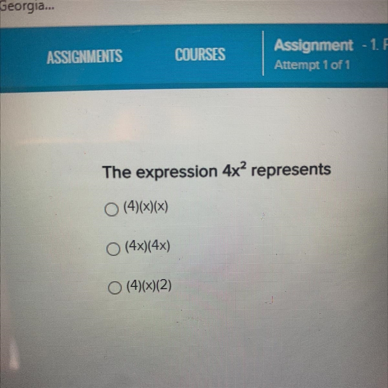 The expression 4x² represents (4)(x)(x) (4x)(4x) (4)(x)(2)-example-1