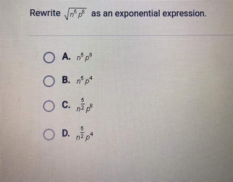 Help please I need help on this problem,appreciate it :) Rewrite (squareroot n^5 p-example-1