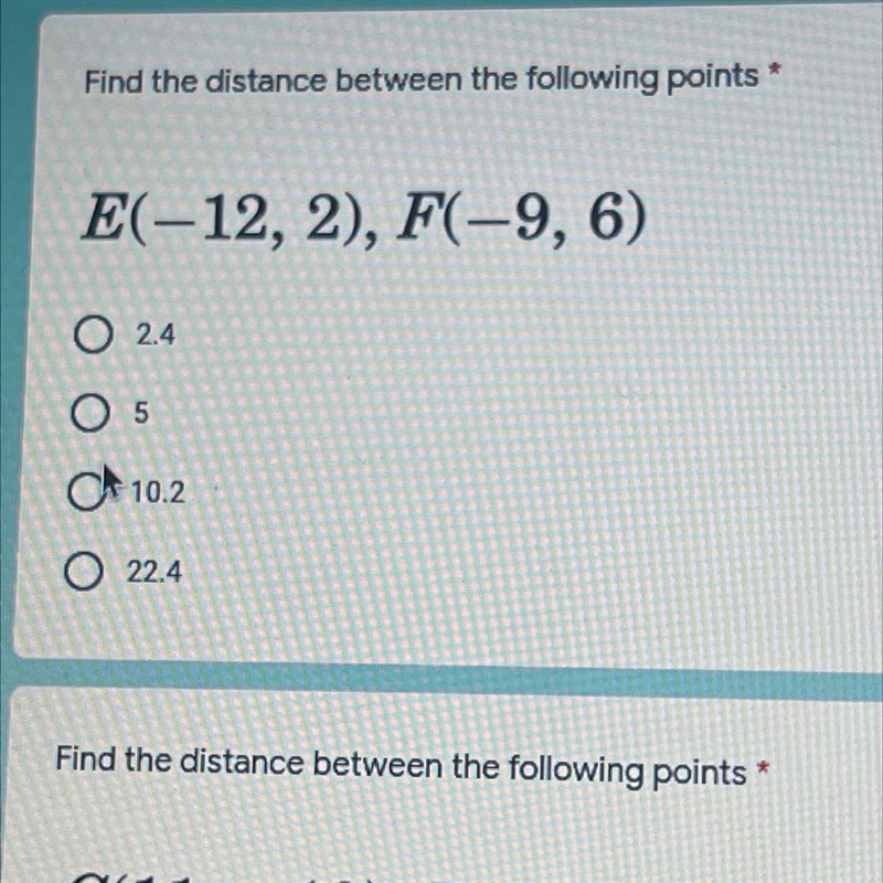 Find the distance between the following points E(-12, 2), F(-9, 6)-example-1