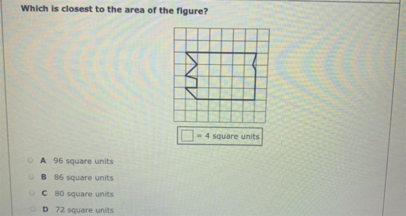 Which is closest to the area of the figure? A 96 square units B 86 square units C-example-1