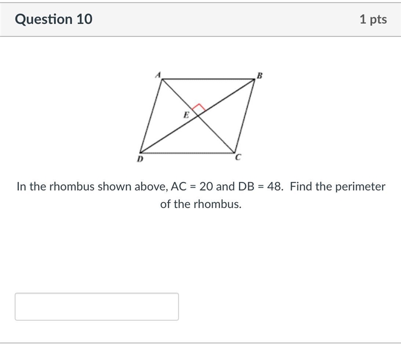 In the rhombus shown above, AC = 20 and DB = 48. Find the perimeter of the rhombus-example-1