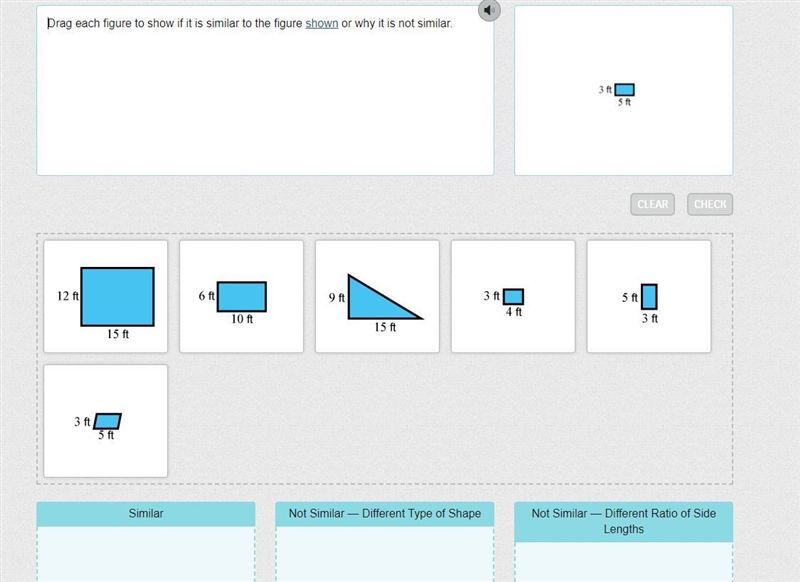 Drag each figure to show if it is similar to the figure shown or why it is not similar-example-1