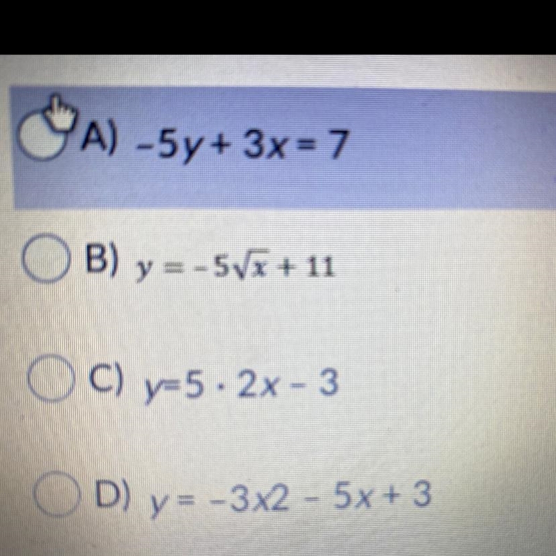 Which Equation is a linear function??-example-1