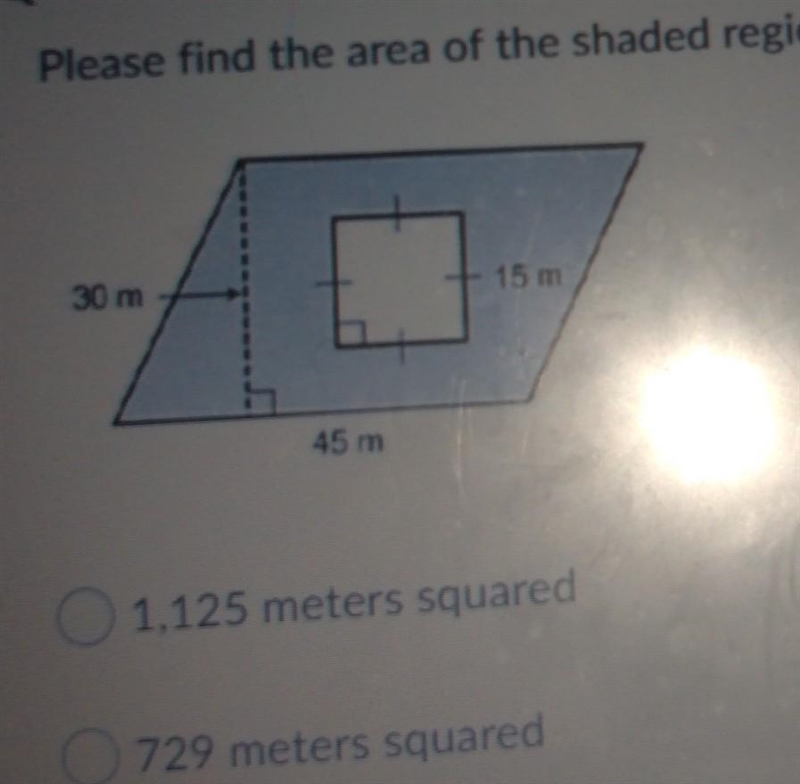 Please find the area of the shaded region. Assume the outside shape is a square. 30 m-example-1