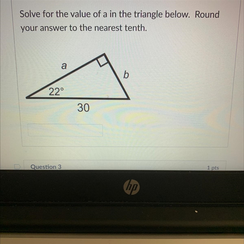 Solve for the value of a in the triangle below. Round your answer to the nearest tenth-example-1