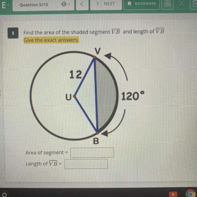 Find area of the shaded segment vb and length of vb-example-1