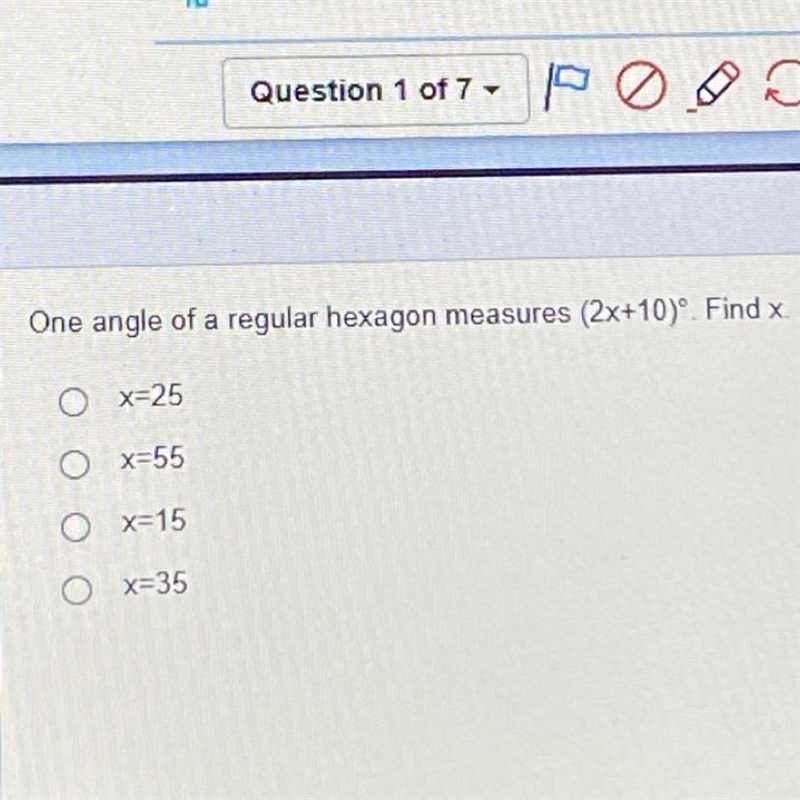 HELP One angle of a regular hexagon measures (2x+10)°Find x-example-1