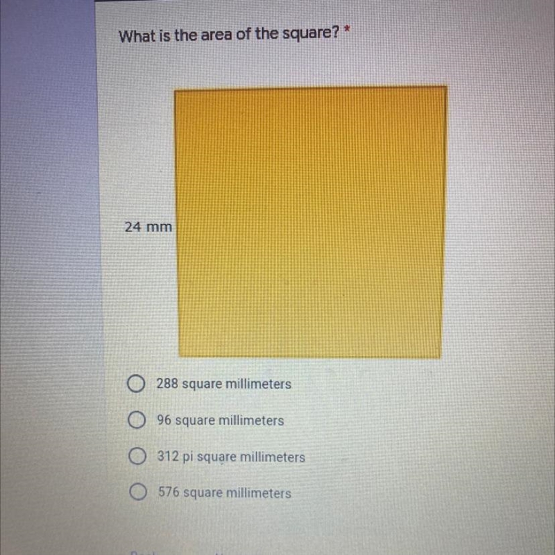 What is the area of the square? 24 mm 288 square millimeters 96 square millimeters-example-1