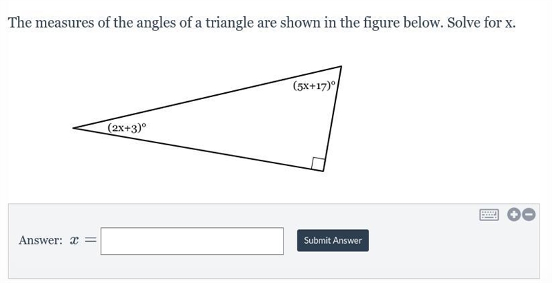 The measures of the angles of a triangle are shown in the figure below. Solve for-example-1