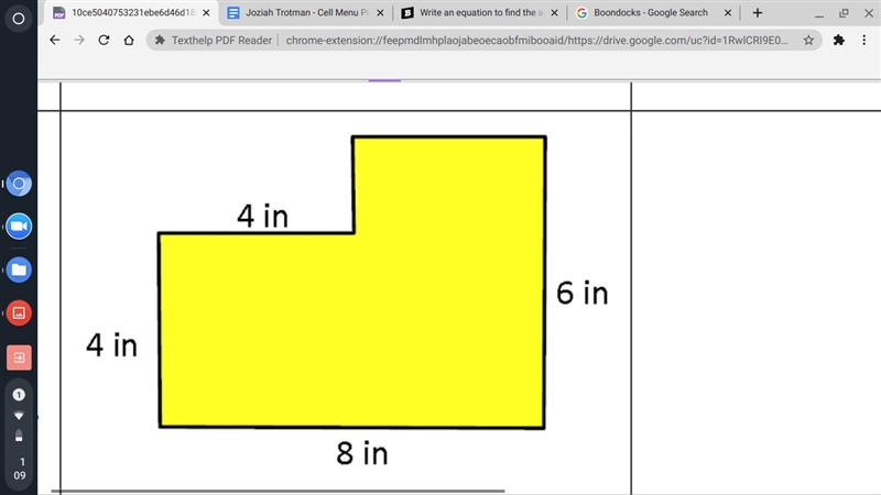 Write an equation to find the area of each figure. Then determine the area.-example-1