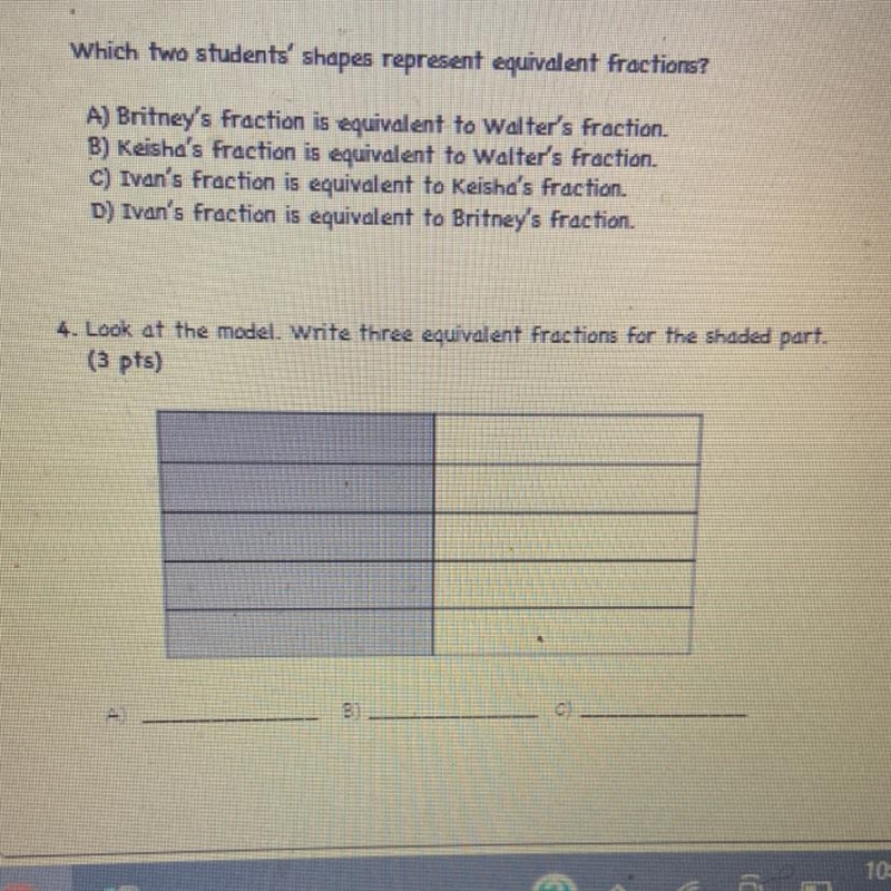 4. Look at the model. Write three equivalent fractions for the shaded part. (3 pts-example-1