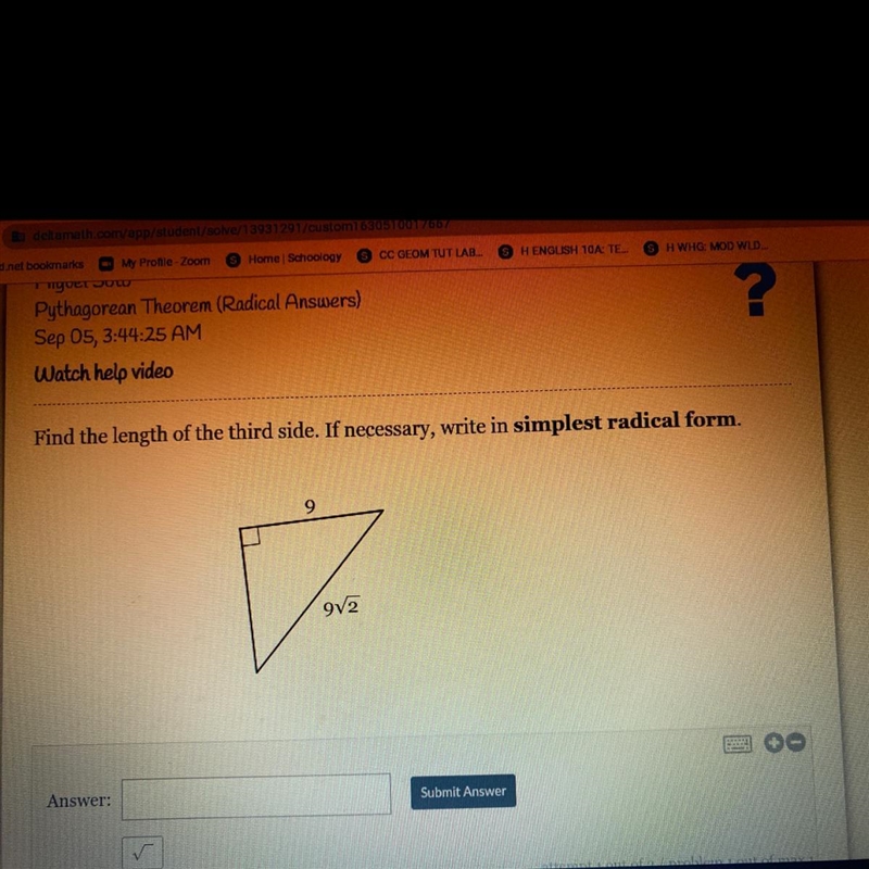 Find the length of the third side. If necessary, write in simplest radical form.-example-1