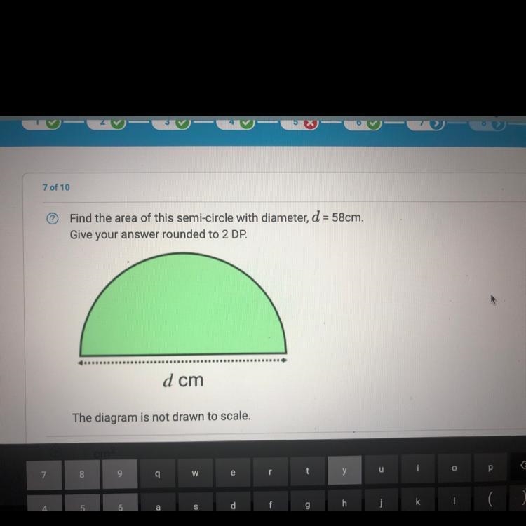 Find the area of this semi-circle with diameter, d = 58cm. Give your answer rounded-example-1