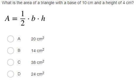 What is the area of a triangle with a base of 10 cm and a height of 4 cm?-example-1