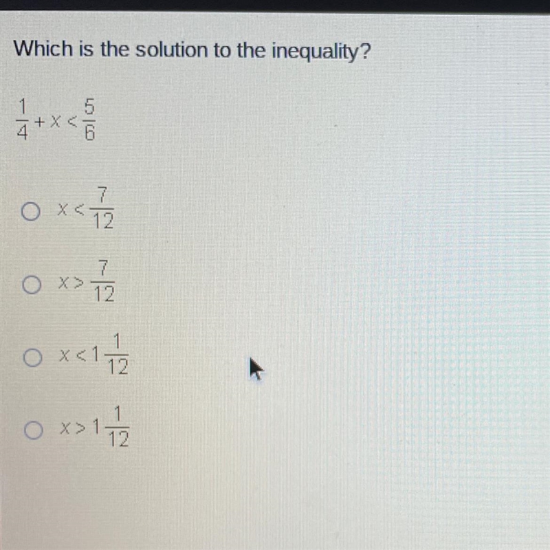 I hate math. truly. Question: Which is the solution to the inequality? 1/4 + x &lt-example-1