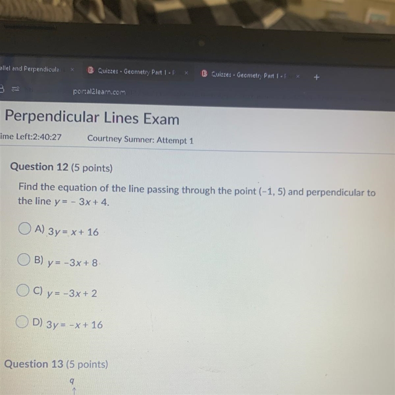 Find the equation of the line passing through the point (-1,5) and perpendicular to-example-1