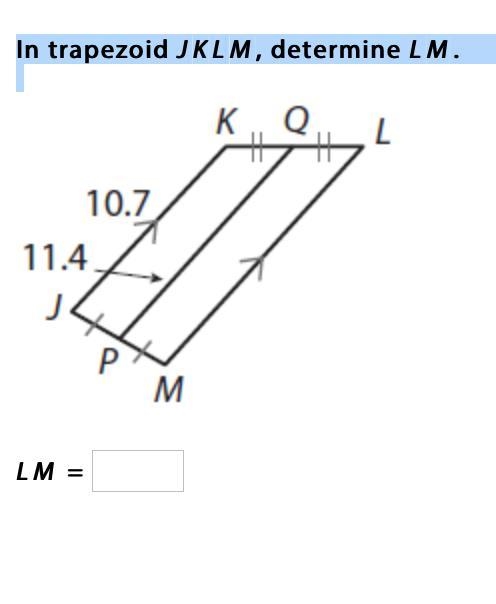 In trapezoid JKLM, determine LM.-example-1