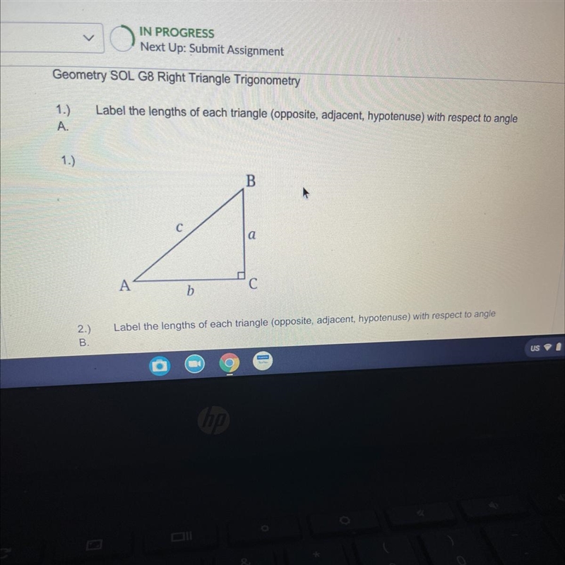 Label the lengths of each triangle (opposite, adjacent, hypotenuse) with respect to-example-1