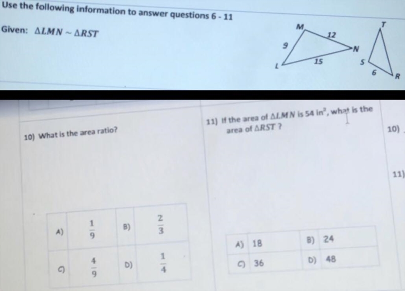 10) what is the area ratio 11) what is the area of RST HELP ASAP EMERGENCY-example-1