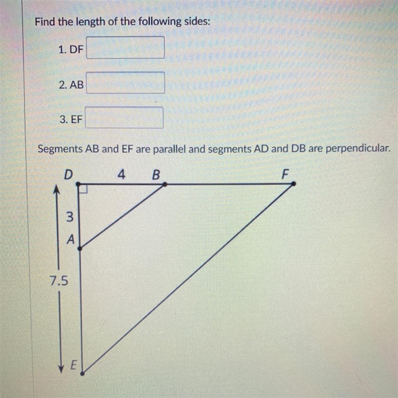 Find the length of the following sides: DF AB EF-example-1