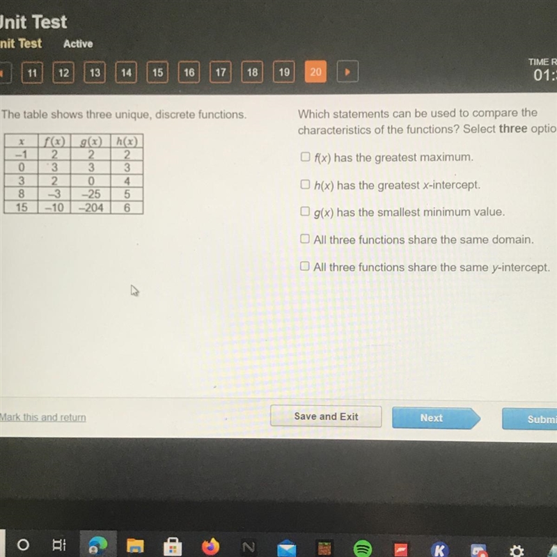 Please help? The table shows three unique, discrete functions . Which statement can-example-1