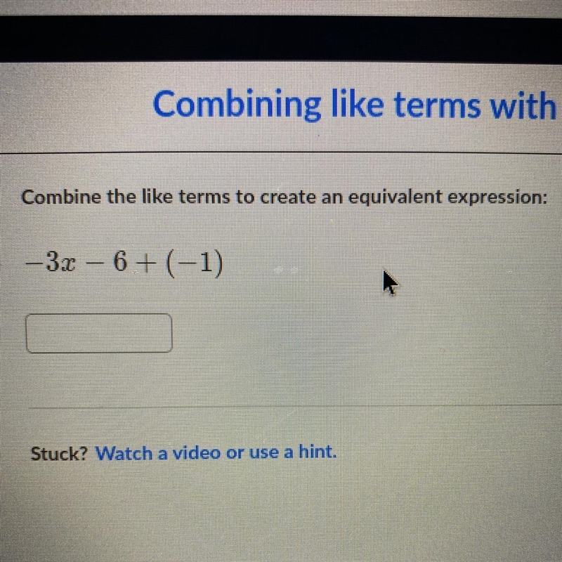 Combine the like terms to create an equivalent expression: -3r- 6+ (-1)-example-1