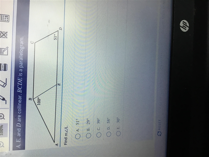 A,E, and D are collinear. BCDE is a parallelogram. Find m-example-1