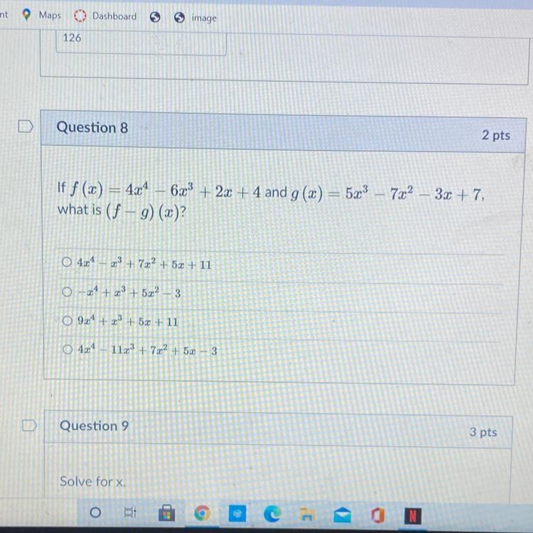 If f(x) = 4x^4-6x^3+2x+4 and g(x) = 5x^3 -7x^2 -3x +7 what is (f-g) (x) PLEASE HELP-example-1