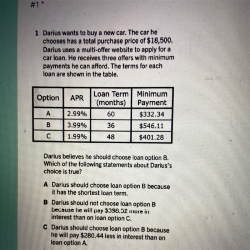 Darius wants to buy a new car. The car he chooses has a total purchase price of $18,500. Darius-example-1