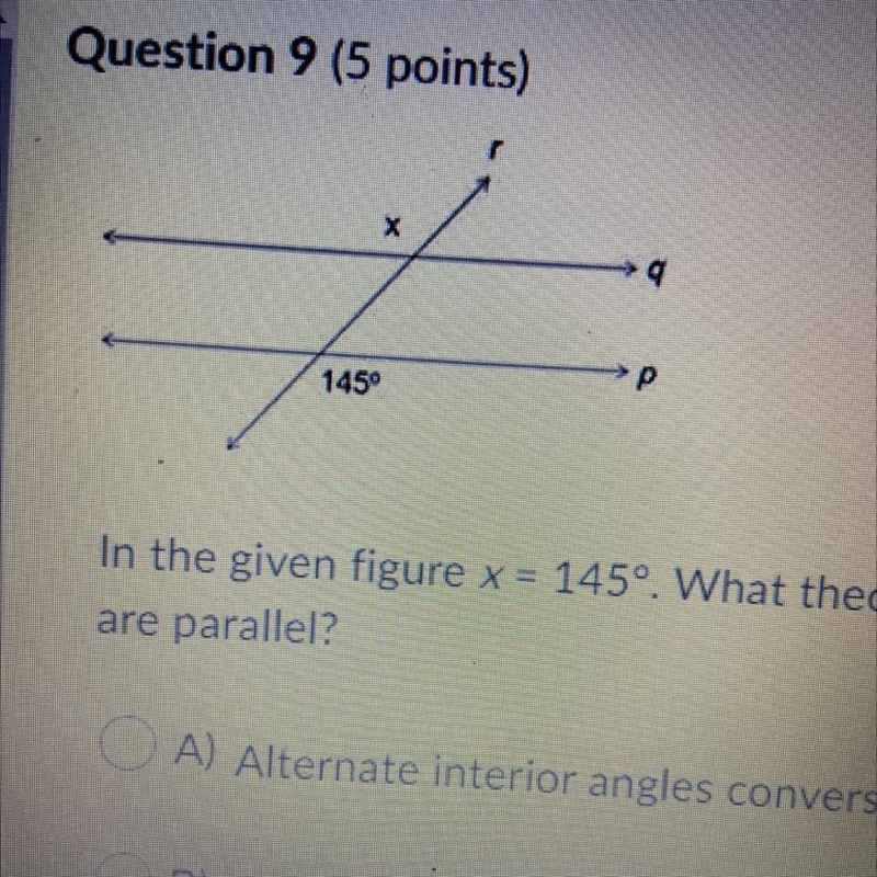 In the given figure x = 145º. What theorem can be used to prove the lines p and a-example-1