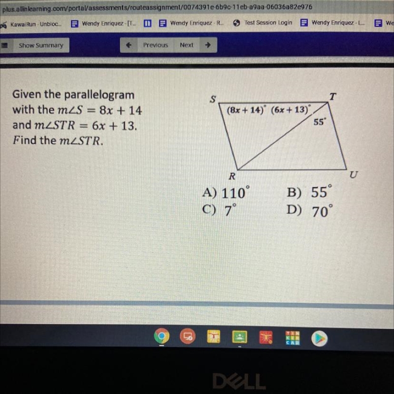 Given the parallelogram with the m and m Find the m (8x + 14) (6x + 13) 55 B) 55° A-example-1