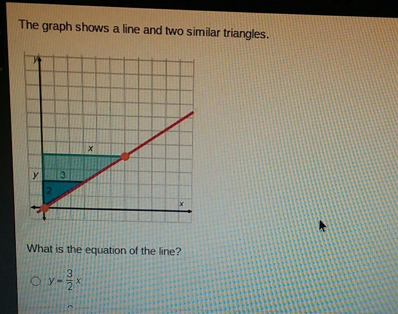 The graph shows a line and two similar triangles. What is the equation of the line-example-1