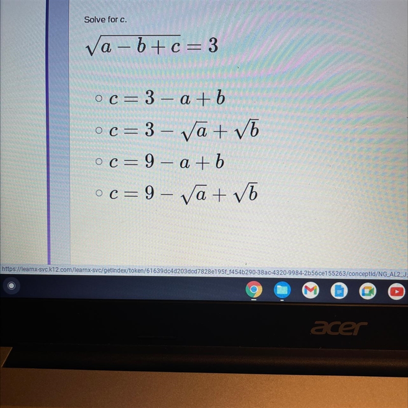 PLS HELPPPO Solve for c. a – b + c = 3 oc= 3- a + b o c = 3 – a+ b oc=9– a + b oc-example-1