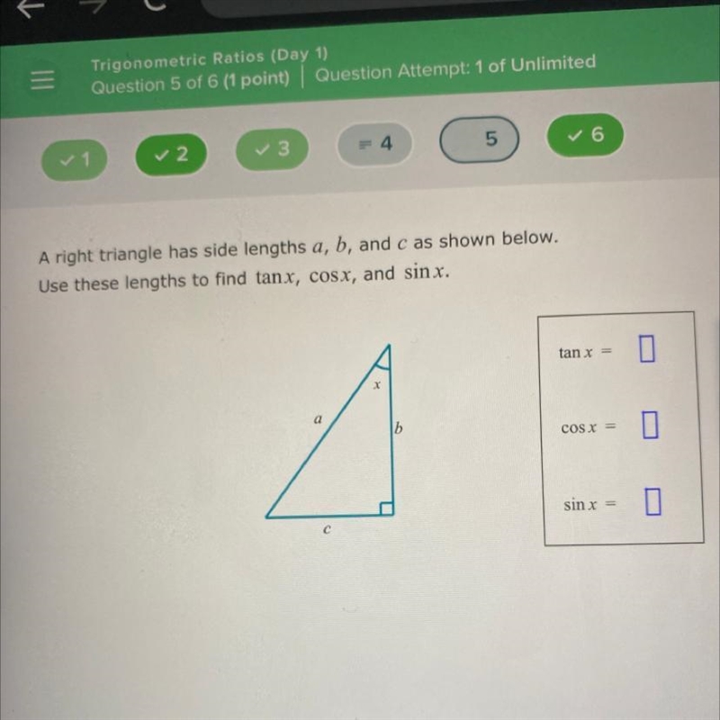 A right triangle has side lengths a, b, and c as shown below. Use these lengths to-example-1