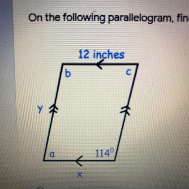 On the following parallelogram, find angle a in degrees. 12 inches b с у a 1149 + Х-example-1