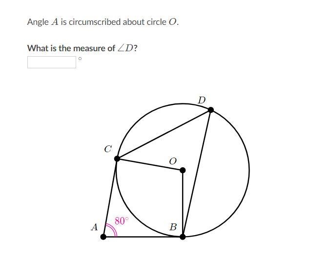 HELP PLEASE!!! Angle A is circumscribed about circle O, what is the measure of angle-example-1