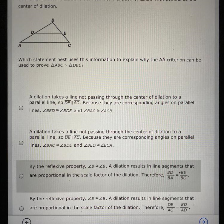 In the figure below, ADBE is the result of a dilation of AABC with point B as the-example-1