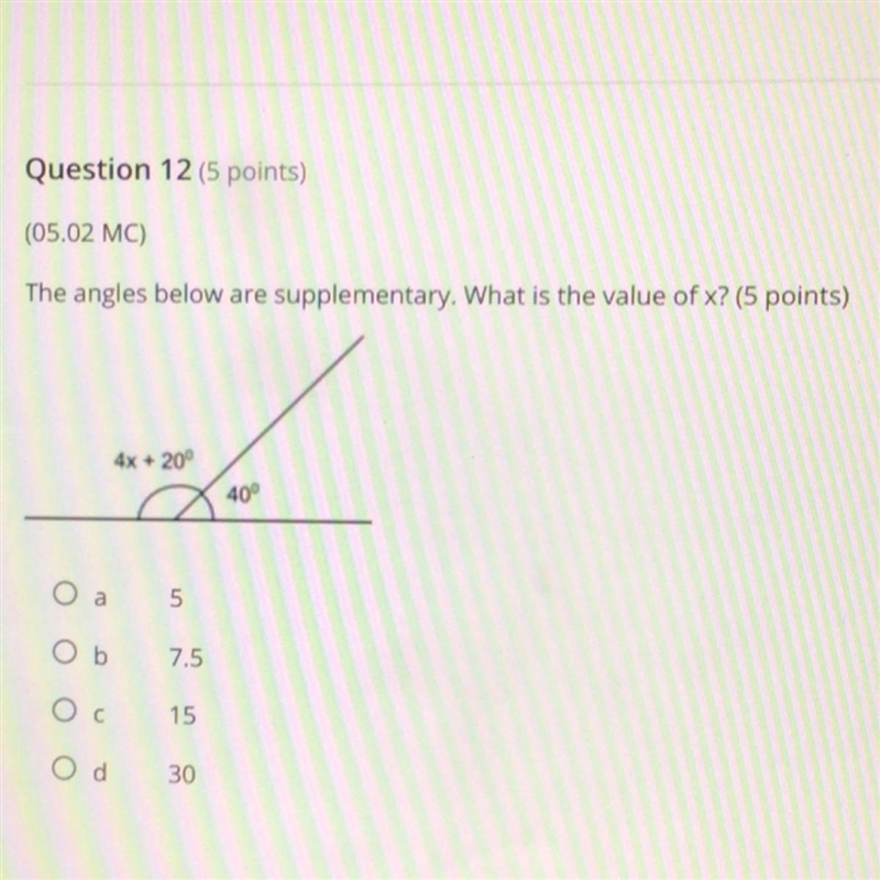 Help ASAP! Question 12 points) 05.02 MC The angles below are supplementary. What is-example-1