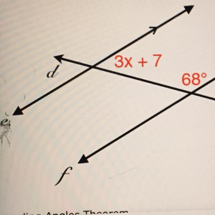 Which theorem would be used to write 3x+7+68=180 in the diagram? please help asap-example-1