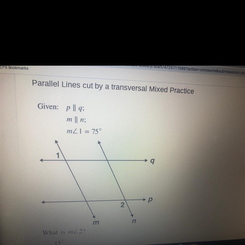 Given: p || 9; m || n; m1 = 75° What is m2?-example-1