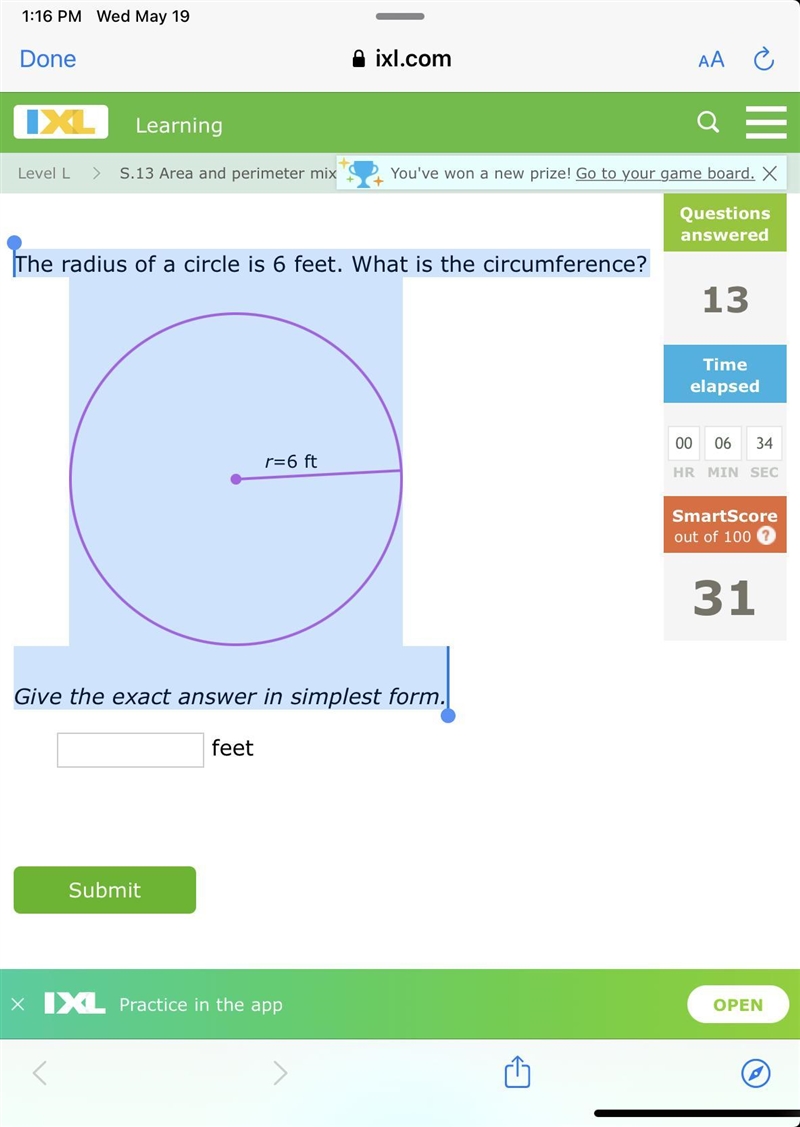 The radius of a circle is 6 feet. What is the circumference? r=6 ft Give the exact-example-1