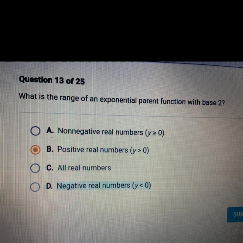 What is the range of an exponential parent function with base 2?-example-1