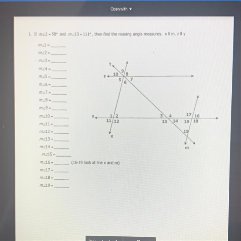 1. If m22-58* and m413 - 111, then find the missing angle measures. x ll m, zlly m-example-1