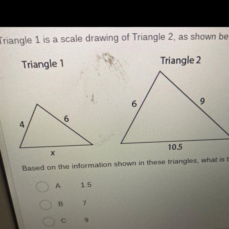 Triangle 1 is a scale drawing of Triangle 2, as shown below. Based on the information-example-1