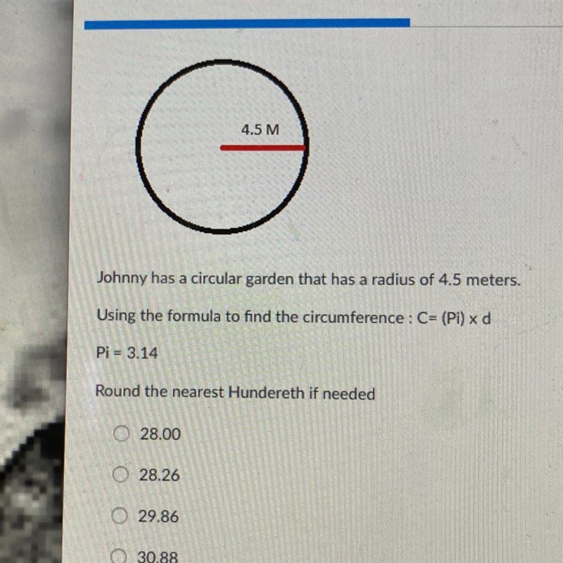 Johnny has a circular garden that has a radius of 4.5 meters. Using the formula to-example-1