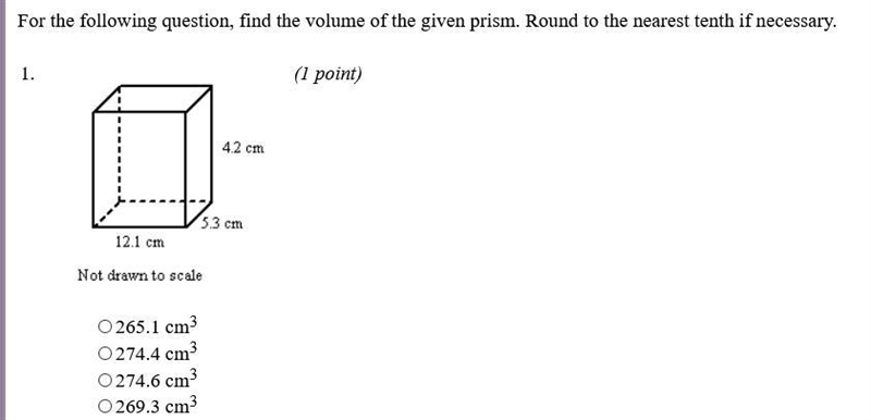 for the following question, find the volume of the given prism. round to the nearest-example-1