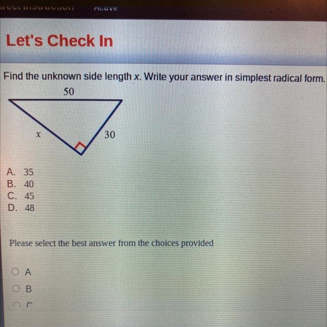 Find the unknown side length x. Write your answer in simplest radical form.-example-1