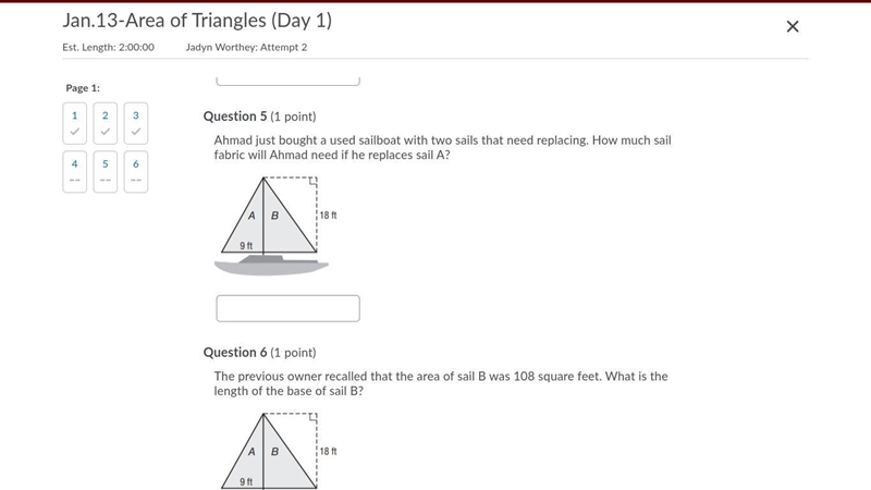 Ahmad just bought a used sailboat with two sails that need replacing. How much sail-example-1